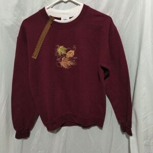 PFI Fashions Embroidered Maroon Leaves Long Sleeve Sweatshirt Size Small